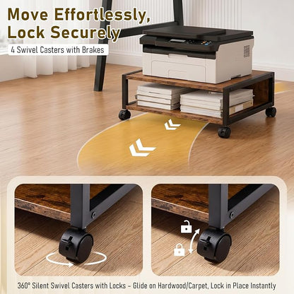 Zonon 2 Tier Printer Stand Under Desk with Lockable Wheels 19.7x15.7x7.9 Inch Rolling Printer Table Cart Under Desk Short Movable Storage Shelf for Home Office Organization (Open Shelf Style,Brown)