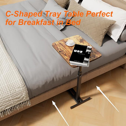 TV Tray Table for Small Spaces with 360° Swivel Tabletop & Height Adjustable,C Shaped Sofa Arm End Side Table, Bed Tray Stand for Eating Laptop,Living Room, Bedroom,Breakfast (Metal Base)