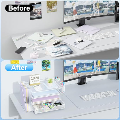 gianotter Desk Organizers and Accessories with File Holder, 4-Tier Desk Accessories & Workspace Organizers with Drawer and 2 Pen Holder, Paper Organizer for Office Supplies (White)
