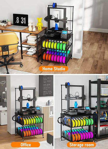 Baoz 3D Printer Stand with Filament Storage, 3-Tier Rolling 3D Printer Desk with Wheels, Built-in Power Strip, Heavy Duty Stand Table for PLA/ABS/PETG/TPU, Printer Cart for Studio, Office, Workshop