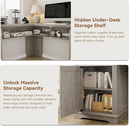 Farmhouse L Shaped Executive Desk with 4 Drawers, Home Office Desk with Hidden Under-Desk Storage Shelf and Charging Station, File Cabinet Storage, Wood Corner Computer Desk for Work and Study(Grey)