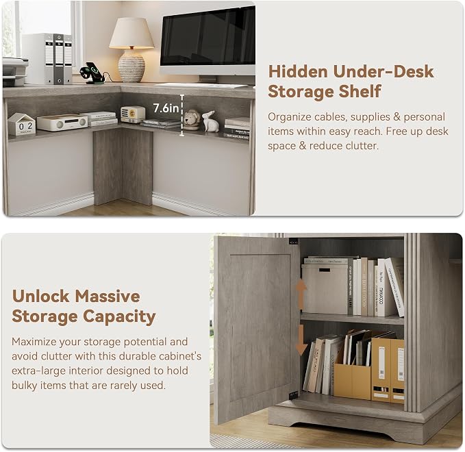 Jocoevol Farmhouse L Shaped Executive Desk with 4 Drawers and Charging Station, Wood Corner Home Office Computer Desk with File Cabinet Storage, Hidden Under Desk Storage Shelf, Headphone Hook - Grey