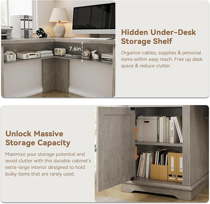 Jocoevol Farmhouse L Shaped Executive Desk with 4 Drawers and Charging Station, Wood Corner Home Office Computer Desk with File Cabinet Storage, Hidden Under Desk Storage Shelf, Headphone Hook - Grey