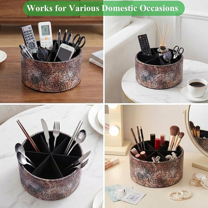Remote Control Holder, 360°Spinning PU Leather Desk TV Remote Caddy,Desk Storage Box Room Accessories for Controller, Media,Mail,Calculator, Mobile Phone,Pencil(1B-Rich Flower Gold)
