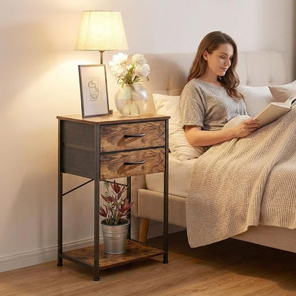 Small Printer Stand with Fabric Drawer & Storage Side Table | Sturdy compact build, works as nightstand end table & accent table. Ideal for bedroom living room & home office daily storage