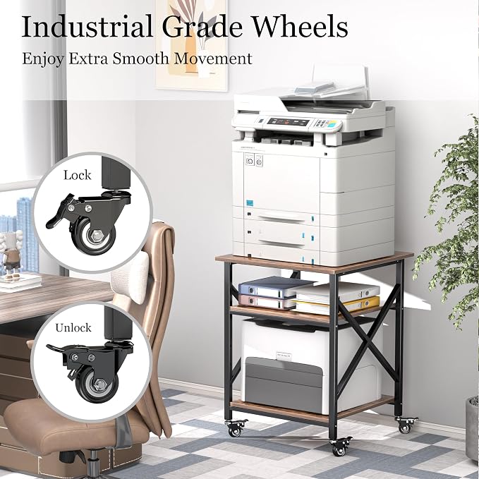 Printer Stand, 23.6 x 23.6 Inches Large Printer Stand with Adjustable Storage Shelf, 3 Tier Printer Table for Home Office, Rolling Printer Cart with Industrial Wheels, Mini Fridge Stand Table, Vintage