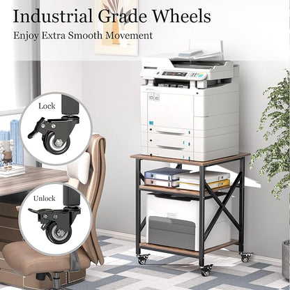 Printer Stand, 23.6 x 23.6 Inches Large Printer Stand with Adjustable Storage Shelf, 3 Tier Printer Table for Home Office, Rolling Printer Cart with Industrial Wheels, Mini Fridge Stand Table, Vintage