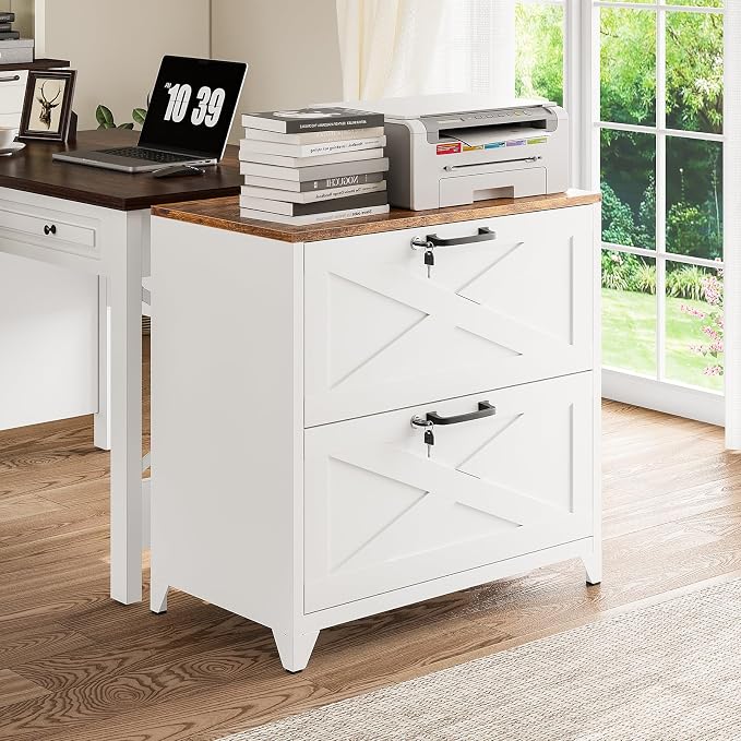 2 Drawer Farmhouse File Cabinet with Lock, Lateral Filing Cabinet for Letter/Legal/A4 Size, Wood File Storage Cabinets Printer Stand with Large Storage for Home Office School, White