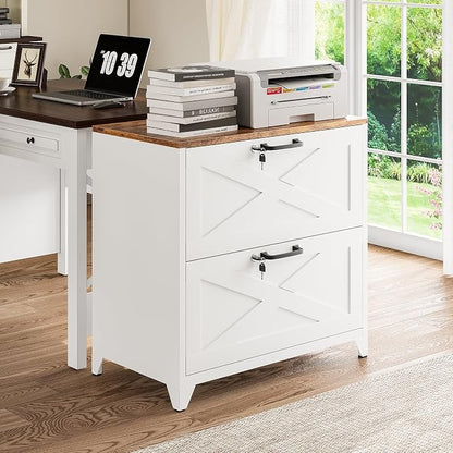 2 Drawer Farmhouse File Cabinet with Lock, Lateral Filing Cabinet for Letter/Legal/A4 Size, Wood File Storage Cabinets Printer Stand with Large Storage for Home Office School, White