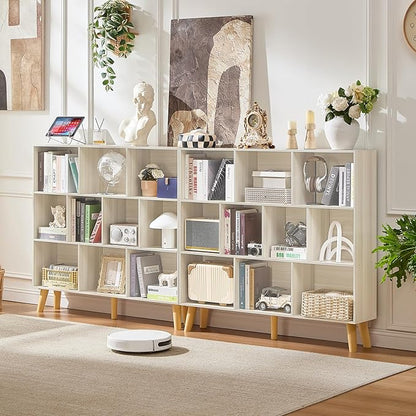 LEYAOYAO 10 Cube Bookshelf,3 Tier Modern Wide Bookcase with Legs,Mid-Century Wood Bookshelves Storage,Light Grey White Large Book Case,Freestanding Organizer Display Shelf for Living Room,Office