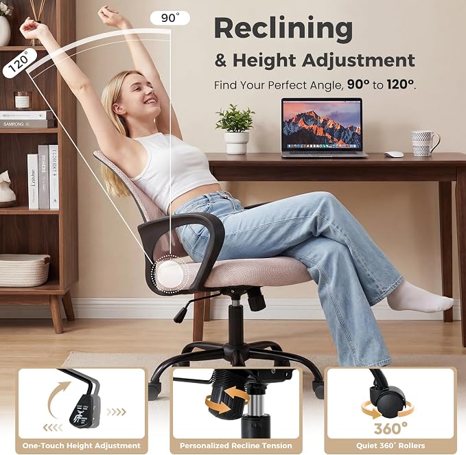 OLIXIS Office Desk Chair - Ergonomic Mid Back with Lumbar Support & Rocking Mode, Height Adjustable with Fixed Armrest, for Home, Computer, Gaming, Conference, Meeting Room, 360° Swivel, Pink, 2 Pack