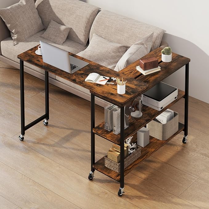 Tangkula Large 360° Free Rotating Sofa Side Table, Patented Mobile Couch Desk with 2-Tier Storage Shelves, Movable Laptop Desk with Sturdy Metal Frame, Extendable Couch Snack Table for Home Office