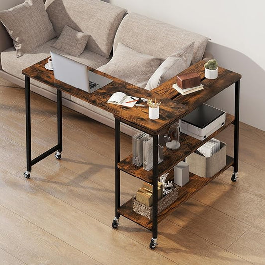 Tangkula Large 360° Free Rotating Sofa Side Table, Patented Mobile Couch Desk with 2-Tier Storage Shelves, Movable Laptop Desk with Sturdy Metal Frame, Extendable Couch Snack Table for Home Office