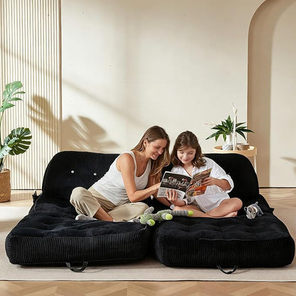 Folding Sofa Bed, Flannel Futon Couch Bed with Pillow and Blanket, Convertible Sleeper Chair for Living Room Bedroom (Two Black)