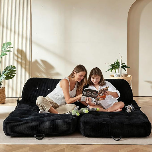 Folding Sofa Bed, Flannel Futon Couch Bed with Pillow and Blanket, Convertible Sleeper Chair for Living Room Bedroom (Two Black)