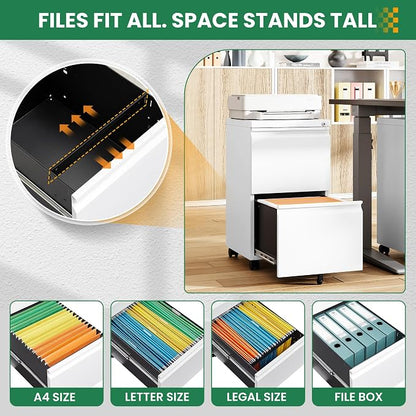 2 Drawer File Cabinet with Lock, Small Rolling Filing Cabinet for Home Office, Printer Stand, 2 Drawer Under Desk Filing Cabinet with Wheels for Legal/Letter/A4 (Fully Assembled,White)