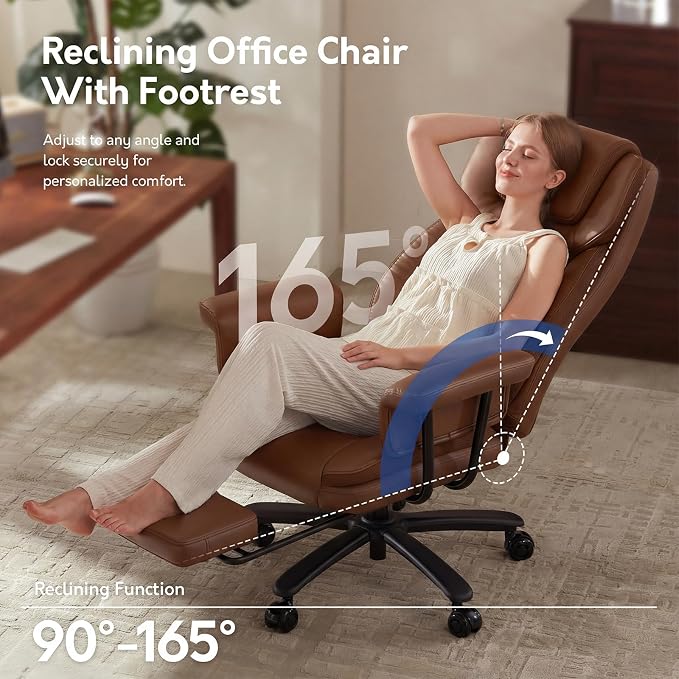 Executive Office Chair Big and Tall 500LBS, 165° Reclining Heavy Duty Office Chair with Footrest & Quiet Rubber Wheels, Height Adjustable, Soft Strong Padded Arms, Brown