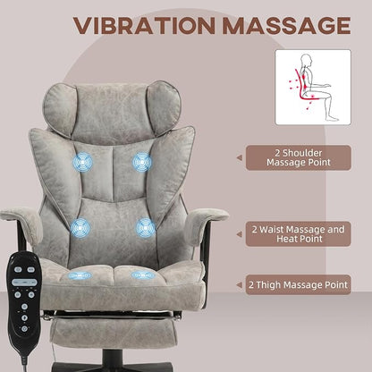 HOMCOM Massage Executive Office Chair with 6 Vibration Points, 400LBS Heated Big and Tall Office Chair with Foot Rest and Lumbar Support, Microfiber Reclining Computer Desk Chair, Gray