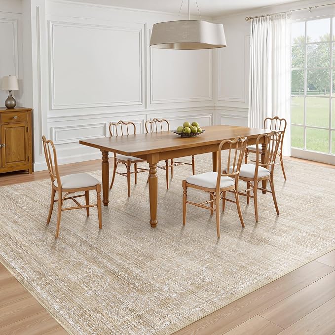 7x9 Area Rug Living Room: Washable Large Neutral Soft Rug Farmhouse Stain Resistant Indoor Non-Slip Floor Carpet for Bedroom Nursery Kids Playroom Office Dining Room Dorm- Beige