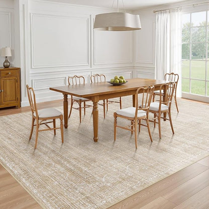 7x9 Area Rug Living Room: Washable Large Neutral Soft Rug Farmhouse Stain Resistant Indoor Non-Slip Floor Carpet for Bedroom Nursery Kids Playroom Office Dining Room Dorm- Beige