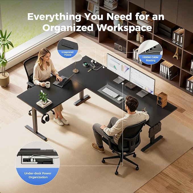 Agilestic Electric L Shaped Standing Desk 63 x 55 Inch with Power Outlet, Height Adjustable Corner Stand up Desk with Cable Management,Sit Stand Home Office Workstation with Splice Board, Black