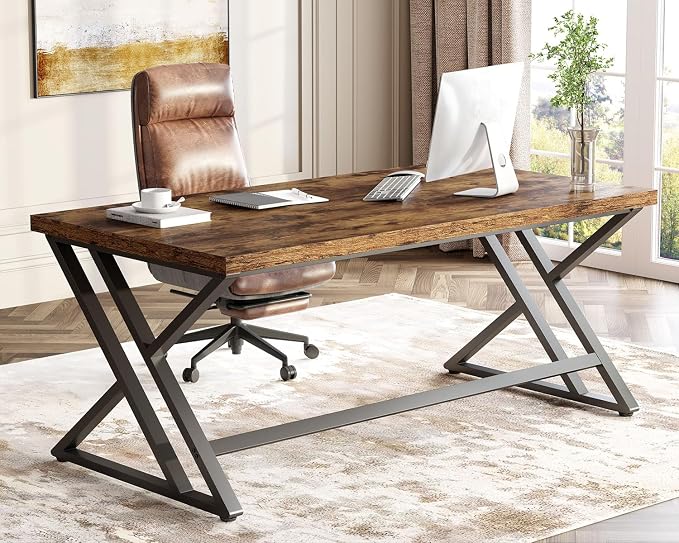 LVB Rustic Computer Desk, Metal Wood Home Office Desk, Industrial Simple Study Executive Desk for Writing Work, Wooden Student Gaming Computer PC Table with Storage for Bedroom, 55 Inch, Rustic Brown
