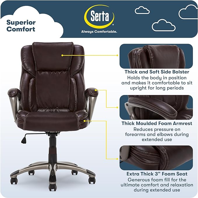 Serta Garret Executive Office Chair, Ergonomic Mid-Back with Lumbar Support, Semi-Plush Cushion and Body Pillows, Padded Armrests, Swivel Base, Bonded Leather, Brown