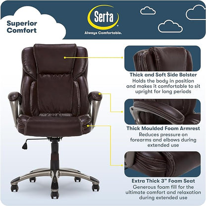 Serta Garret Executive Office Chair, Ergonomic Mid-Back with Lumbar Support, Semi-Plush Cushion and Body Pillows, Padded Armrests, Swivel Base, Bonded Leather, Brown