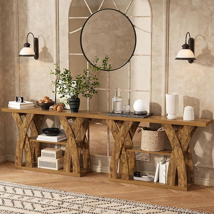 55 inch Sofa Table Behind Couch, 3-Tier Narrow Entryway Table with Storage, Wood Grain X-Shaped Console Tables for Living Room, Hallway, Foyer, Home Office