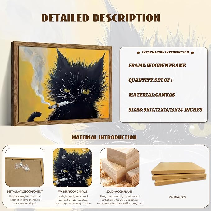 Vintage Framed Black Cat Wall Art, Black Cat Painting Portrait Wall Decor, Mens Room Canvas Print Poster, Cool Animals Picture Art for Bathroom Decor 8x10 inch Wood Framed