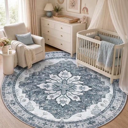 RELEANY Area Rugs Round 5ft Washable Non-Slip, Floral Vintage Distress Medallion Carpet for Living Room Bedroom Dining Room, Light Gray Grey White