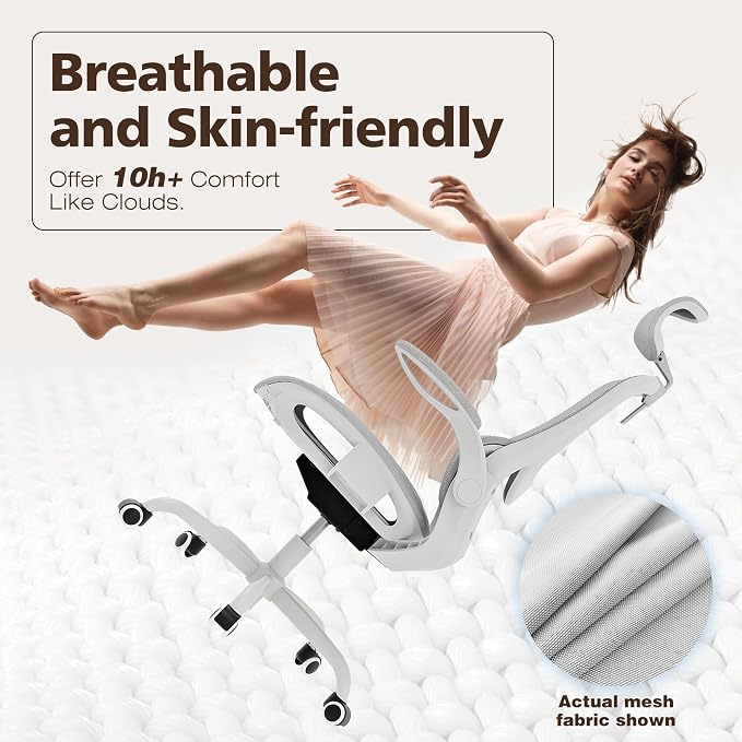 GABRYLLY Ergonomic Mesh Office Chair- White Desk Chair, Flip-Up Armrest, Adjustable Headrest, Tilting with Soft Seat and PU Wheel, Elite Home Desk Chair for Work, Study, Gaming (GY1108)
