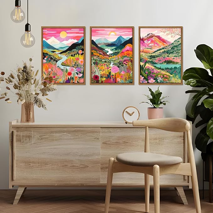 Floating Framed Boho Colorful Mountain Wall Art Set of 3, Abstract Watercolor Landscape Flower Wall Decor Paintings, Modern Nature Sunset Forest Posters Prints for Living Room, Bedroom 12x16 Inch