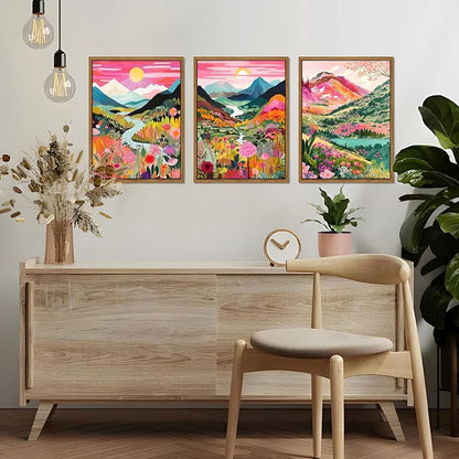 Floating Framed Large Boho Colorful Mountain Wall Art Set of 3, Abstract Watercolor Landscape Flower Wall Decor Paintings, Modern Nature Sunset Forest Posters Prints for Living Room 16x24 Inch