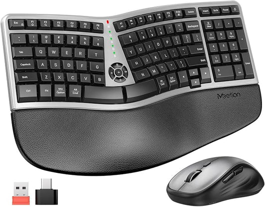MEETION Ergonomic Wireless Keyboard and Mouse Combo, 2.4G Curved Compact Keyboard with Cushioned Palm Rest, 4 Level DPI Adjustable Wireless Mouse, for Windows/Mac/Desktop/Laptop/PC, Gray Black