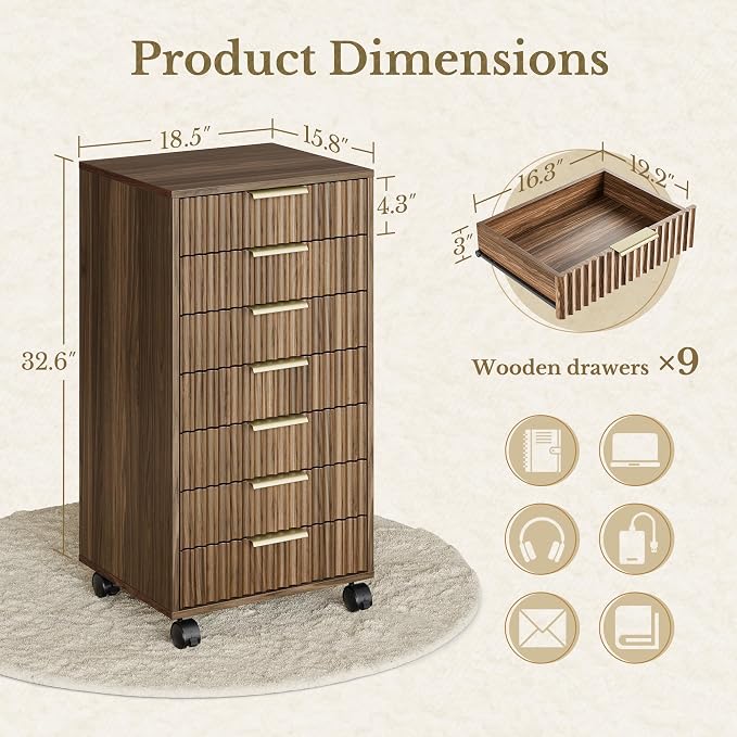 7 Drawer File Cabinet with Wheels for Home Office, Black Walnut | Fluted 7 Drawer Chest, Wood File Cabinet with Lockable Wheels, Anti-Tip Design
