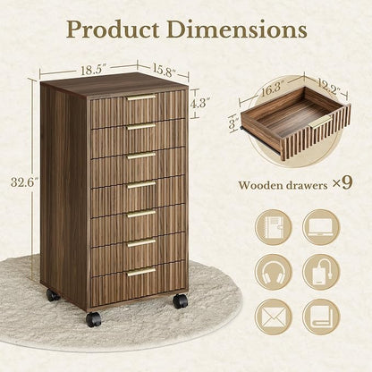 7 Drawer File Cabinet with Wheels for Home Office, Black Walnut | Fluted 7 Drawer Chest, Wood File Cabinet with Lockable Wheels, Anti-Tip Design
