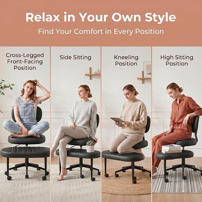 Cross Legged Office Chair with Wheels, 360 Swivel Height-Adjustable Meditation Chair with Lumbar Support, PU Leather, Black