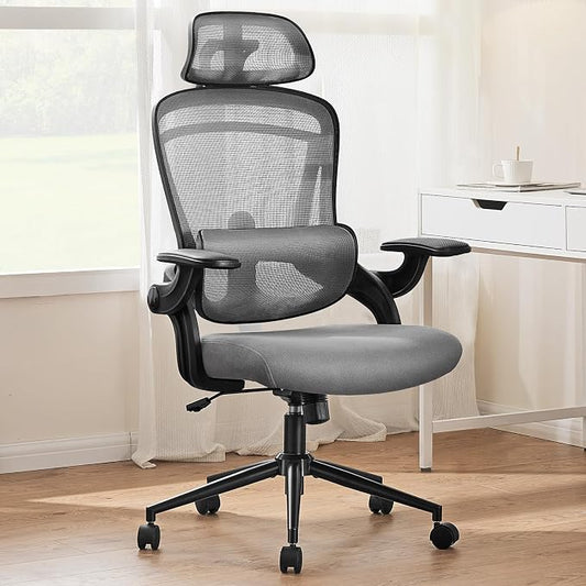 Sweetcrispy Office Ergonomic Desk Chair, 300 LBS Home Mesh Chairs with Wheels, 2D Headrest, Up&Down Lumbar Support, Swivel High Tall Back Computer with Flip-up Armrests, Dark Grey