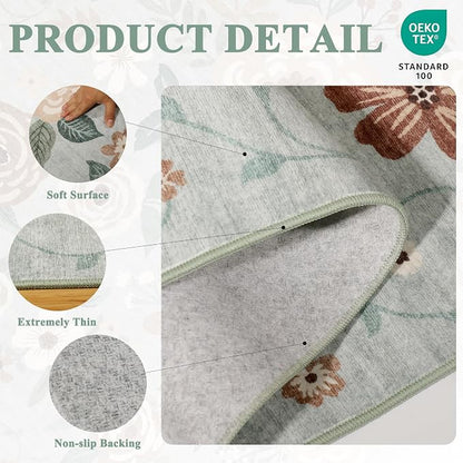 DUKINO Runner Rug, 2x10 Kitchen Runner Rug for Hallway with Non Slip Backing, Washable Low Pile Soft Boho Floral Carpet for Kitchen, Entryway, Hallway, Laundry, Bedroom, Sage Green