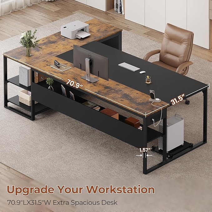 UPOSOJA 71" Executive Desk, Large Office Desk with Widen File Drawers & Power Outlets, Reversible L Shaped Computer Desk Corner Desk with Storage Shelves, CPU Stand, Hooks, Business Furniture