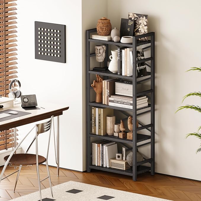 Homeiju Organization and Storage,Tall Bookcase with Shelves, Wood and Metal Book Shelf Storage Organizer, Industrial Display Standing Shelf Unit for Bedroom, Living Room, Black