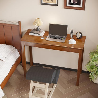 Solid Wooden Desk with Drawers - 39 x 16 Inch Narrow Desks, Rubberwood Mid Century Modern Desks, Small Writing Desk for Bedroom|Small Spaces - Walnut Color