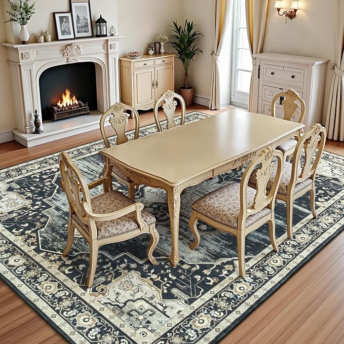 Lofus 8x10 Washable Rugs Non-Slip, Vintage Floral Area Rug for Living Room Bedroom Dining Room Kitchen, Low Pile Distress Print Medallion Carpet Home Decor Rug, Black Beige
