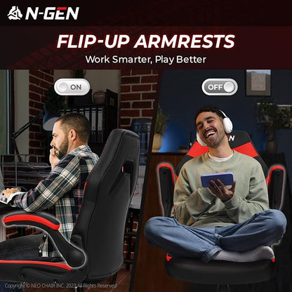 N-GEN Video Gaming Chair Ergonomic Computer Desk Office Chair with Lumbar Support Adjustable Height Swivel Wheels Flip-Up Arms PU Leather Home and Office (Classic Red)