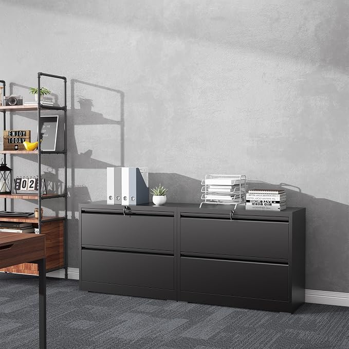 2 Drawer File Cabinet with Lock, Lateral Filing Cabinets,Metal Storage Filing Cabinets for Home Office, Heavy Duty File Cabinet for Letter/Legal/A4/F4 Size Amsseble Required, Black