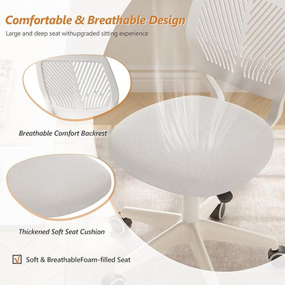 JPBSTO Armless Desk Chair, Height Adjustable Swivel Office Rolling Task Chairs with Soft Mesh Padded Cushion, Ergonomic Small Study Computer Chair for Girls Boys Teens (White, 2PCS)