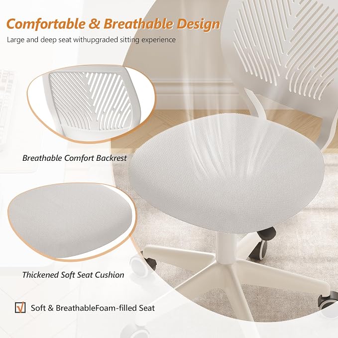 Armless Desk Chair Swivel Office Rolling Chair with Soft Padded Cushion, Height Adjustable Small Task Chair, Ergonomic Study Computer Chair for Kids Girls Boys Teens (White, 4PCS)