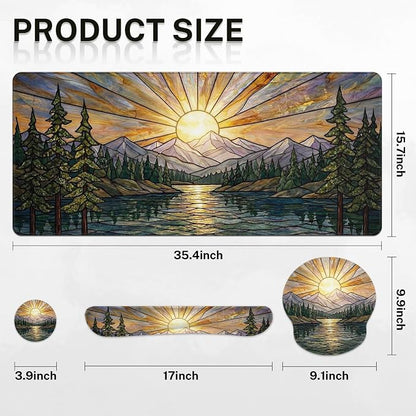 Britimes Mountain Gold Sun Keyboard Mouse Pad Set Nature Forest 4in1 Large Mousepad+Keyboard Wrist Rest+Mouse Wrist Rest+Coaster Ergonomic Design for Home Office Computer 35.4x15.7 inches