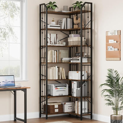 GarveeHome Corner Bookshelf 86" l Shaped Bookcase, Corner Bookshelves Industrial Bookcase 7 Tier l-Shape Bookshelf, Large Bookcases with Beaded Design Tall Display Rack Shelf for Living Room Bedroom